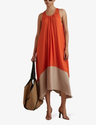 Shop Reiss Womens Elias Colour-block Relaxed-fit Woven Midi Dress Orange