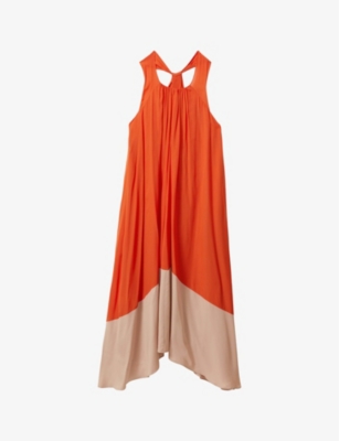 Shop Reiss Womens Elias Colour-block Relaxed-fit Woven Midi Dress Orange