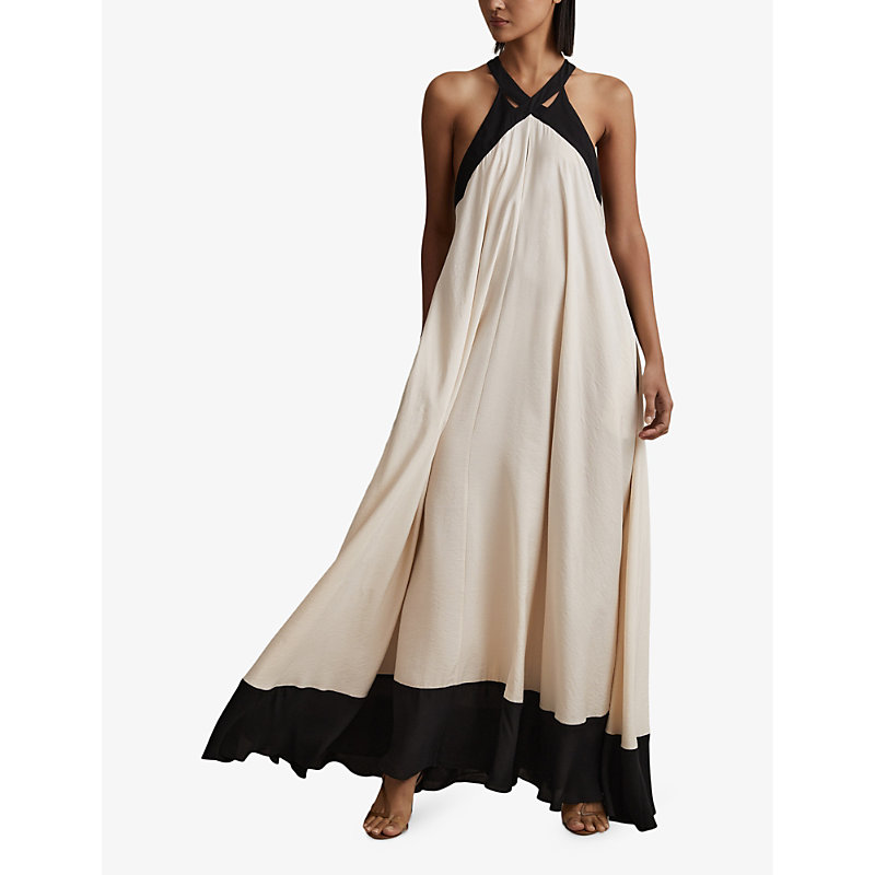 Shop Reiss Women's Neutral/black Aubree Colour-block Relaxed-fit Woven Maxi Dress