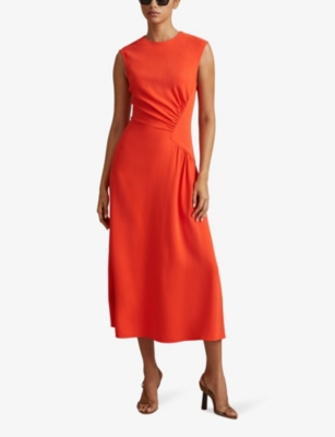 Shop Reiss Women's Orange Stacy Ruched-waist Stretch-woven Midi Dress