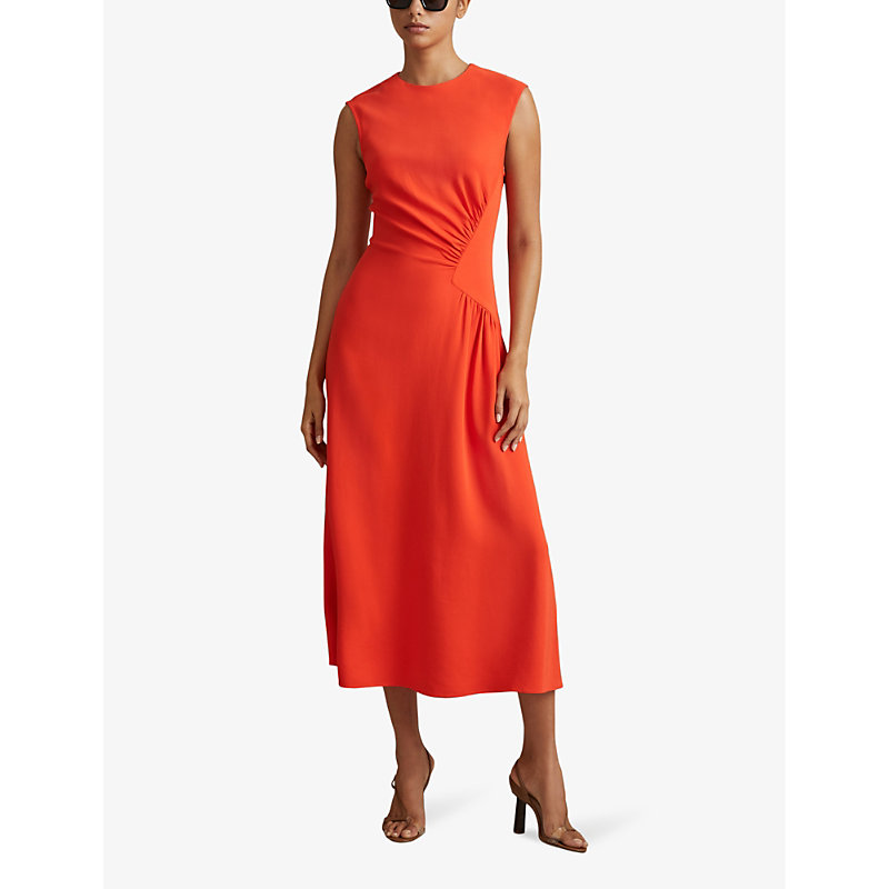 Shop Reiss Stacy Ruched-waist Stretch-woven Midi Dress In Orange