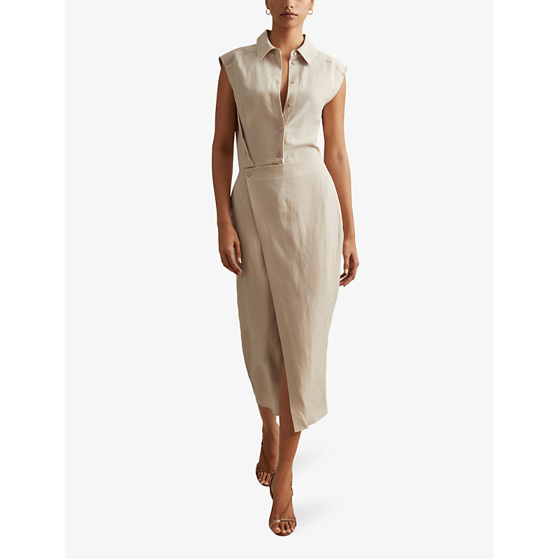 Shop Reiss Women's Neutral Yasmin Wrap-skirt Slim-fit Linen-blend Midi Dress