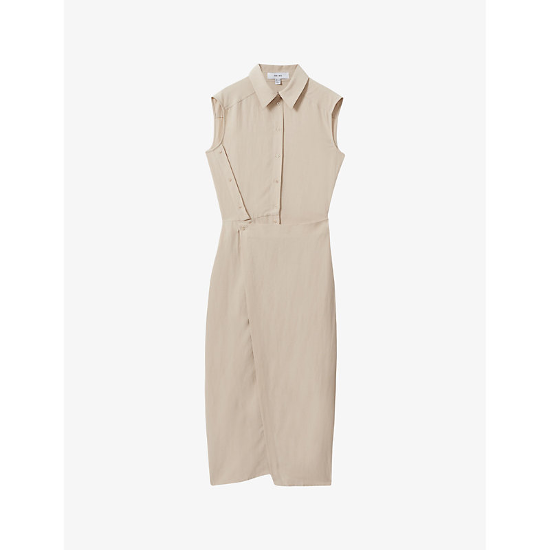 Shop Reiss Women's Neutral Yasmin Wrap-skirt Slim-fit Linen-blend Midi Dress