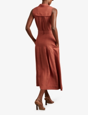 Shop Reiss Women's Rust Heidi Belted Linen-blend Midi Shirt Dress