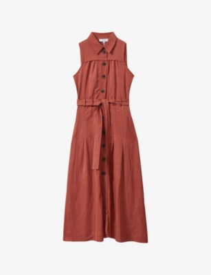 Reiss Womens Rust Heidi Belted Linen-blend Midi Shirt Dress