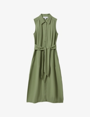 Shop Reiss Womens Green Morgan Belted Woven Midi Shirt Dress