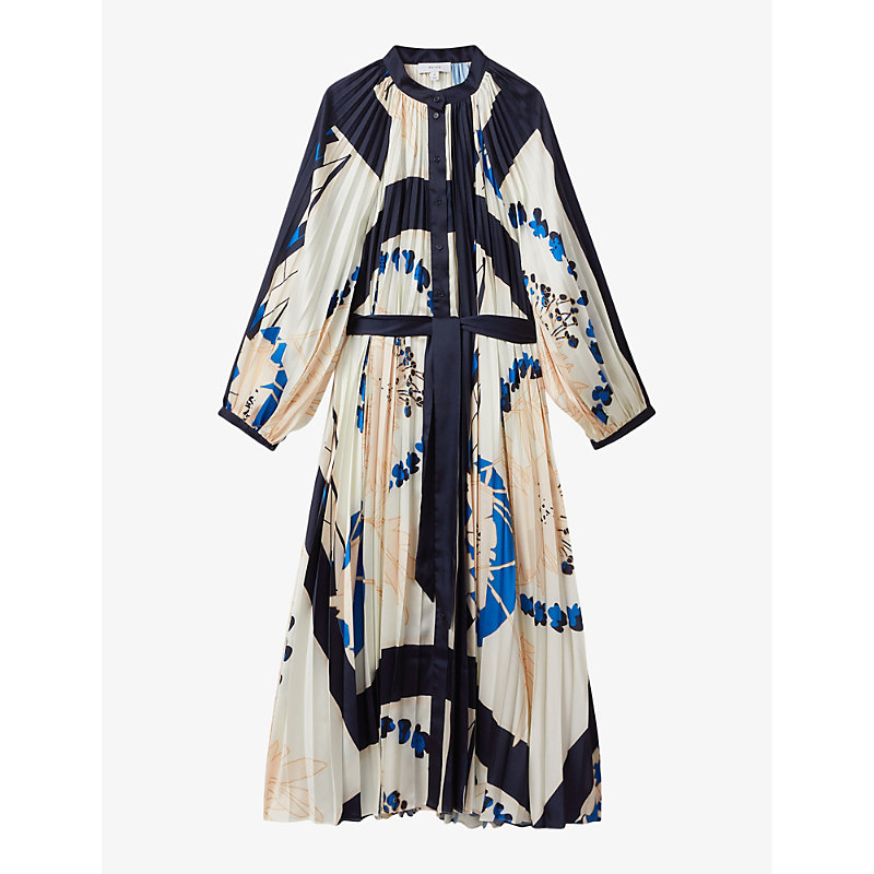 Reiss Womens Blue Daiya Graphic-print Pleated Woven Maxi Dress