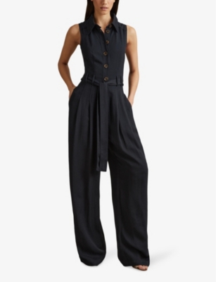 Shop Reiss Women's Navy Perla Belted Wide-leg Woven Jumpsuit