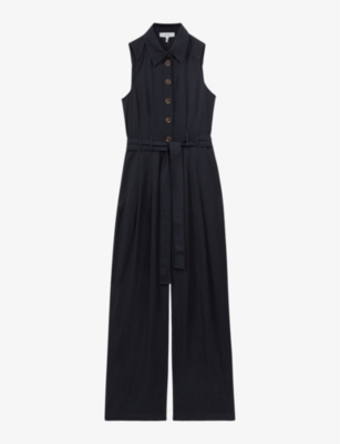 Reiss Womens Navy Perla Belted Wide-leg Woven Jumpsuit In Navy