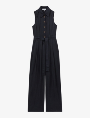 Shop Reiss Women's Vy Perla Belted Wide-leg Woven Jumpsuit In Navy