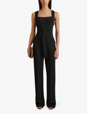Shop Reiss Women's Black Kim Belted-waist Corset Stretch-woven Jumpsuit