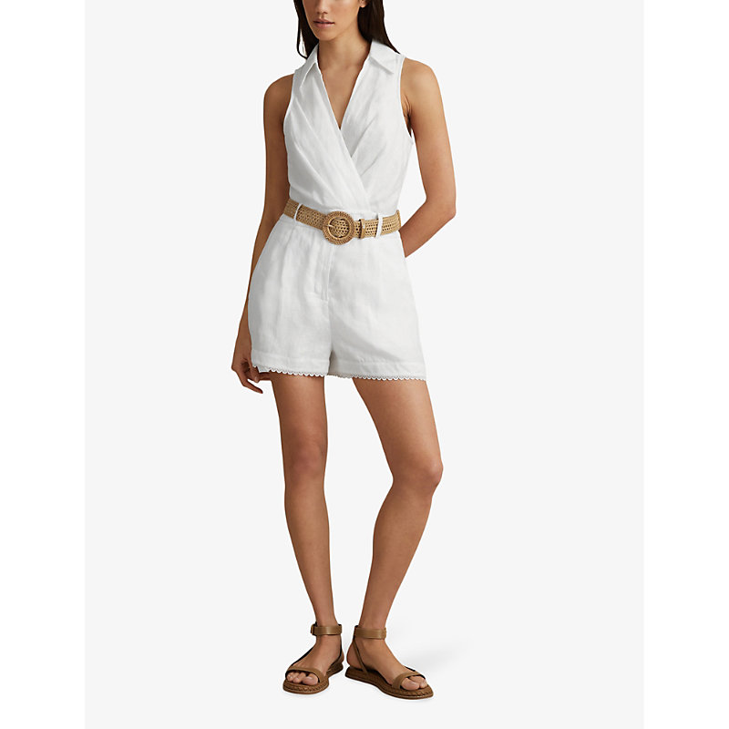 Shop Reiss Women's Ivory Mila Contrast-belt Linen Jumpsuit