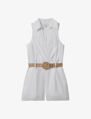 Shop Reiss Womens  Mila Contrast-belt Linen Jumpsuit In Ivory