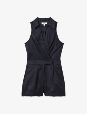 Reiss Womens Navy Mila Contrast-belt Linen Jumpsuit