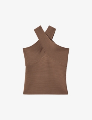 Shop Reiss Women's Neutral Darla Cross-neck Stretch-knit Top