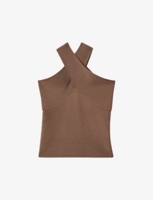 Reiss Womens Neutral Darla Cross-neck Stretch-knit Top In Neutral
