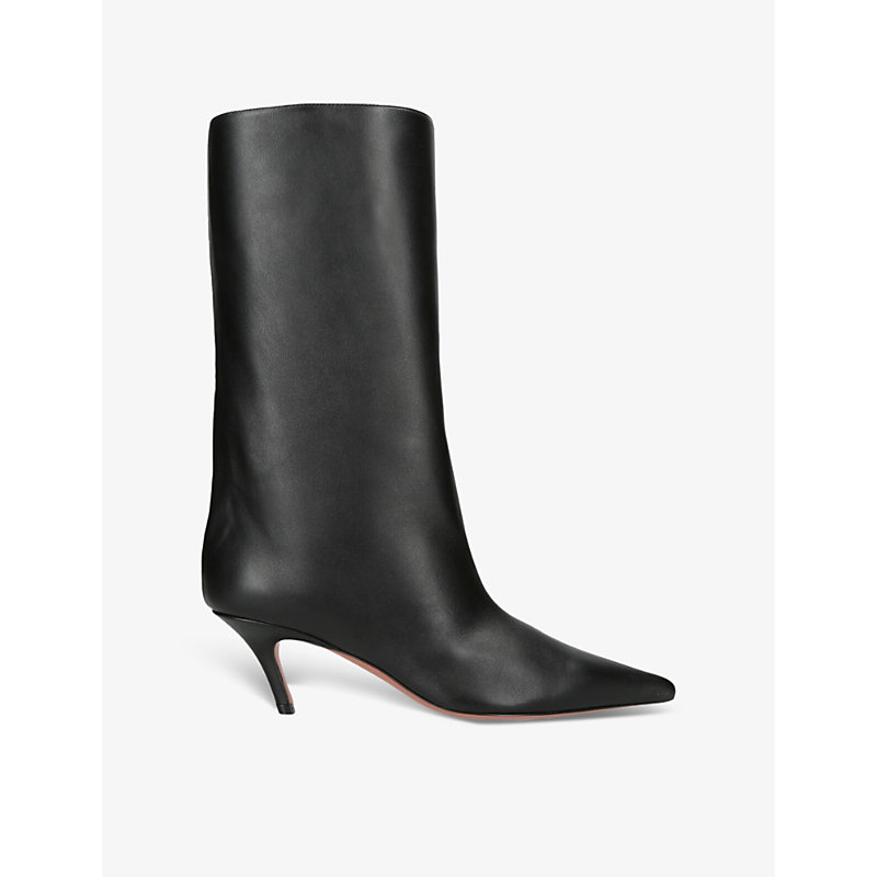Shop Amina Muaddi Womens Black Fiona Pointed-toe Leather Heeled Ankle Boots