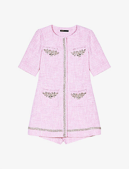 MAJE: Rhinestone-embroidered short-sleeve tweed playsuit