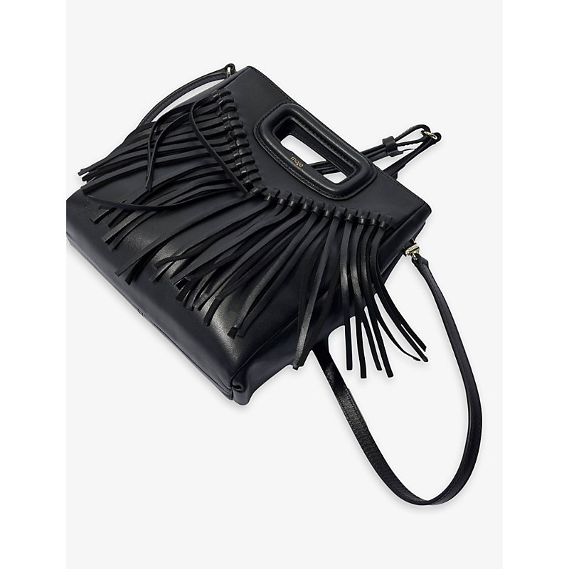 Shop Maje Womens Noir / Gris M Fringed-trim Leather Cross-body Bag