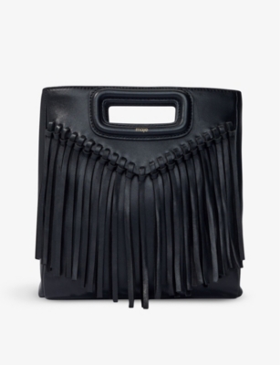 Maje Smooth Leather M Bag With Fringing In Noir / Gris