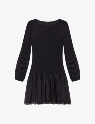 Maje Womens Black Pleated Round-neck Woven Mini Dress In Noir / Gris