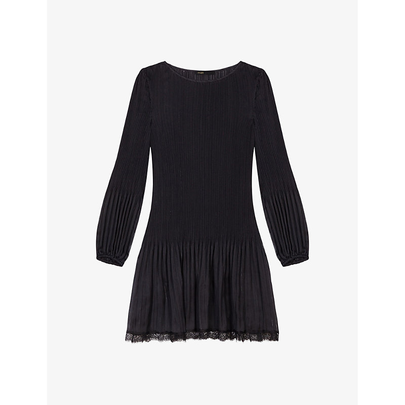 Maje Womens Black Pleated Round-neck Woven Mini Dress In Noir / Gris