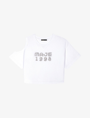Shop Maje Women's Blanc ' 1998' Embellished Cut-out Shoulder Cotton T-shirt