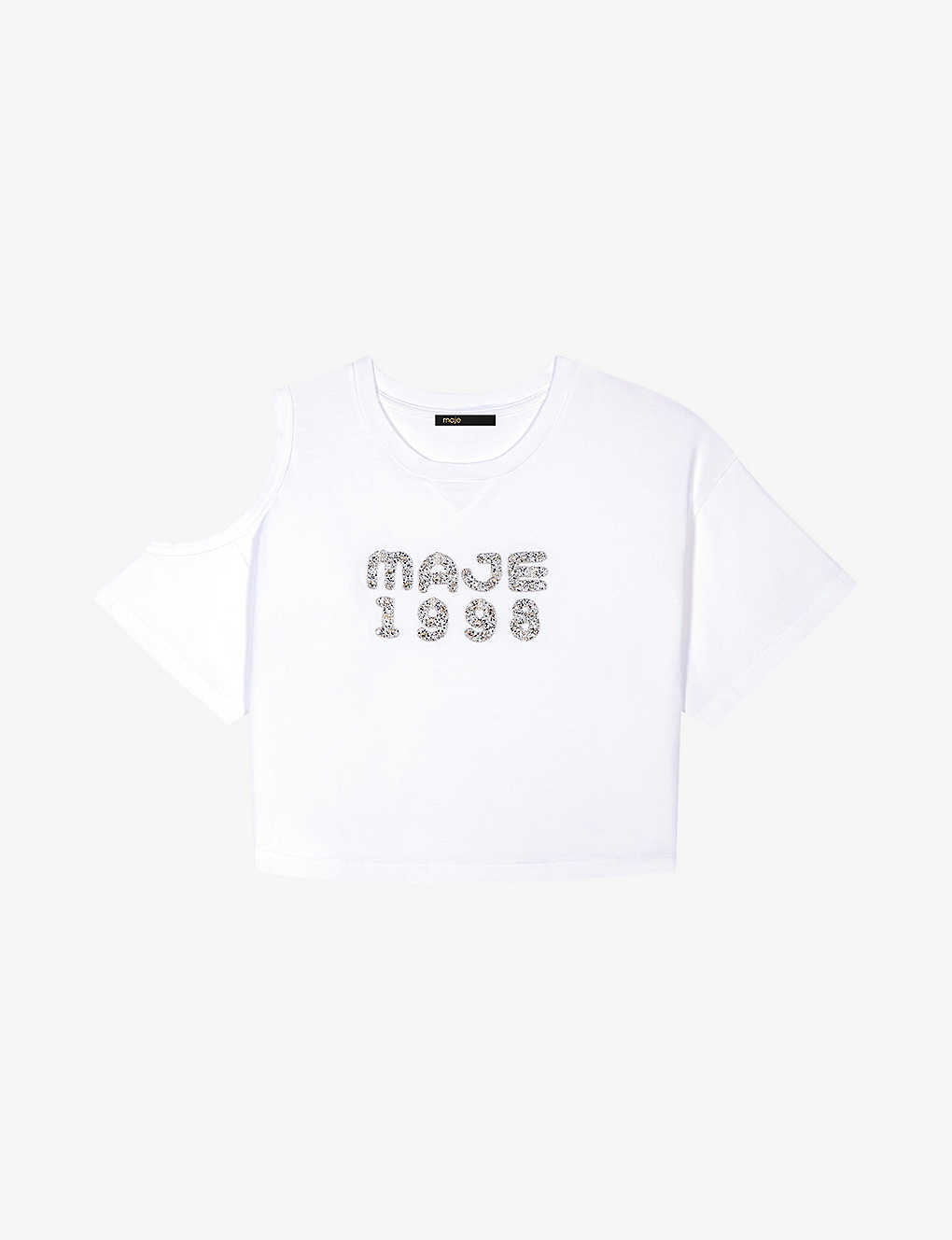 Shop Maje Womens Blanc ' 1998' Embellished Cut-out Shoulder Cotton T-shirt