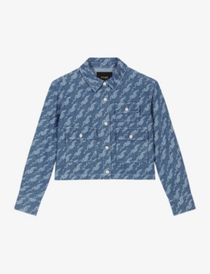 Shop Maje Womens Bleus Dragon-motif Cropped Denim Jacket