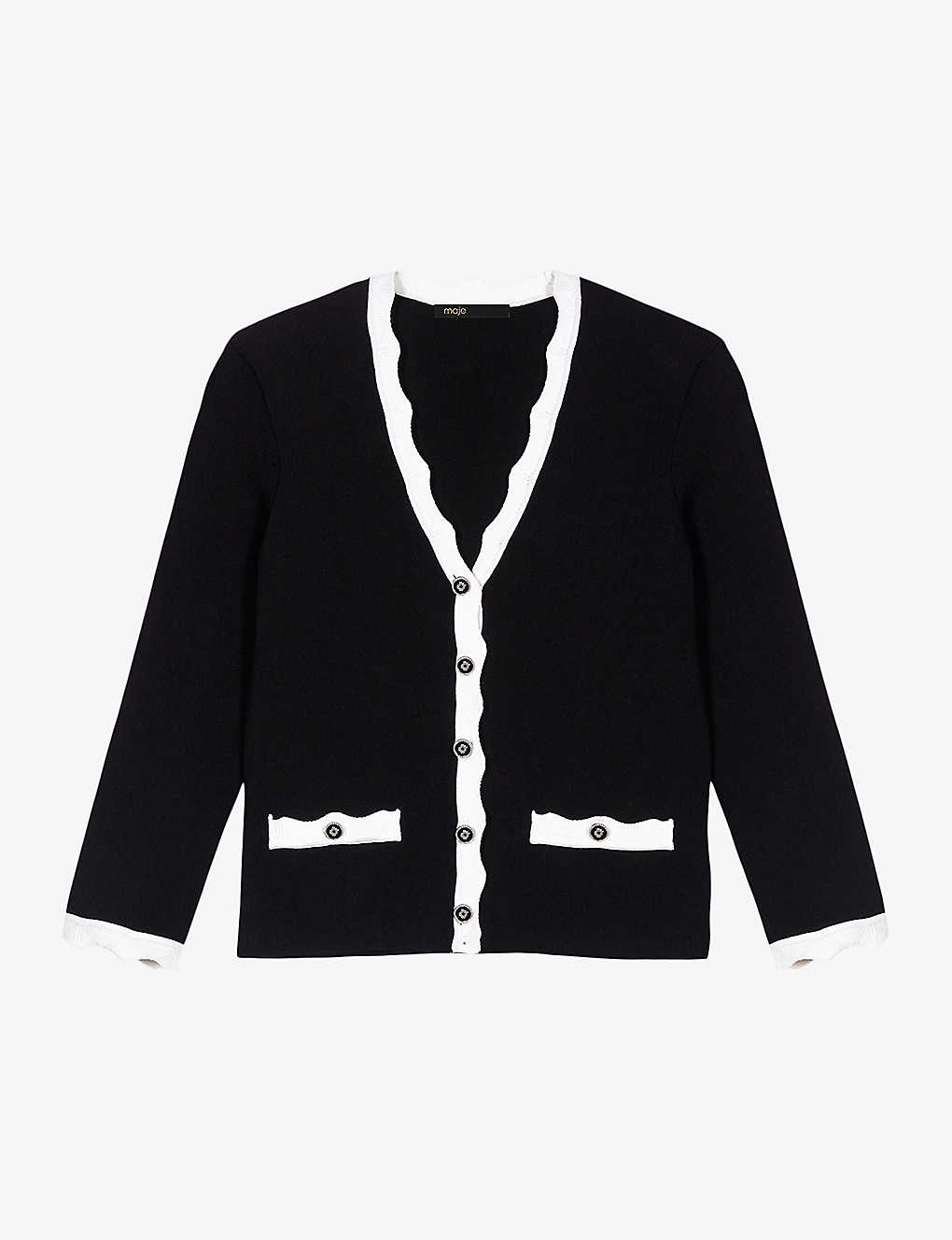 Shop Maje Women's Noir / Gris Scalloped Clover-button Stretch-knit Cardigan In Monochrome