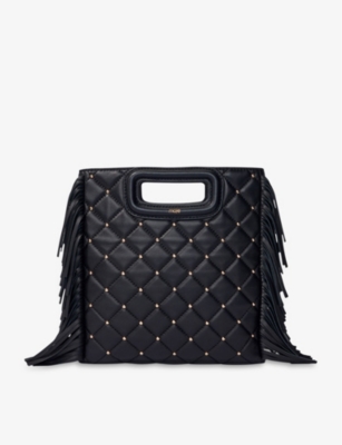 Shop Maje Noir / Gris M Stud-embellished Fringed Leather Cross-body Bag