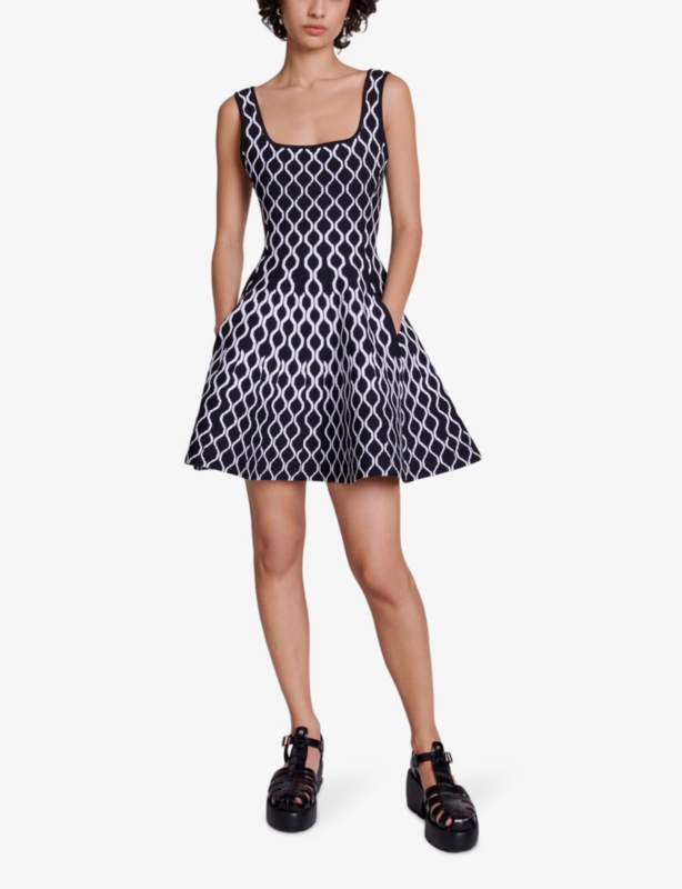 Square-neck geometric-pattern stretch-knit mini dress