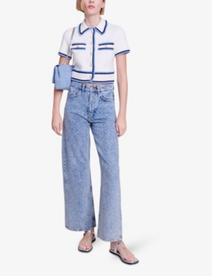 Shop Maje Women's Bleus Rhinestone-embellished Wide-leg Denim Jeans