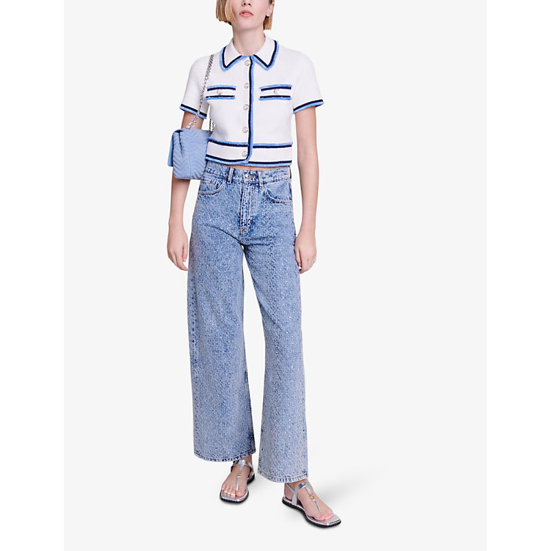 Shop Maje Women's Bleus Rhinestone-embellished Wide-leg Denim Jeans