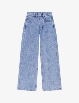 Shop Maje Womens Bleus Rhinestone-embellished Wide-leg Denim Jeans