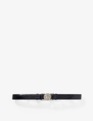 Shop Maje Women's Noir / Gris Clover-embellished Croc-embossed Leather Belt