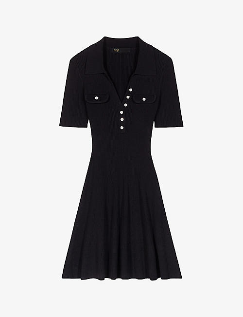 MAJE: Open-collar short-sleeve stretch-knit mini dress