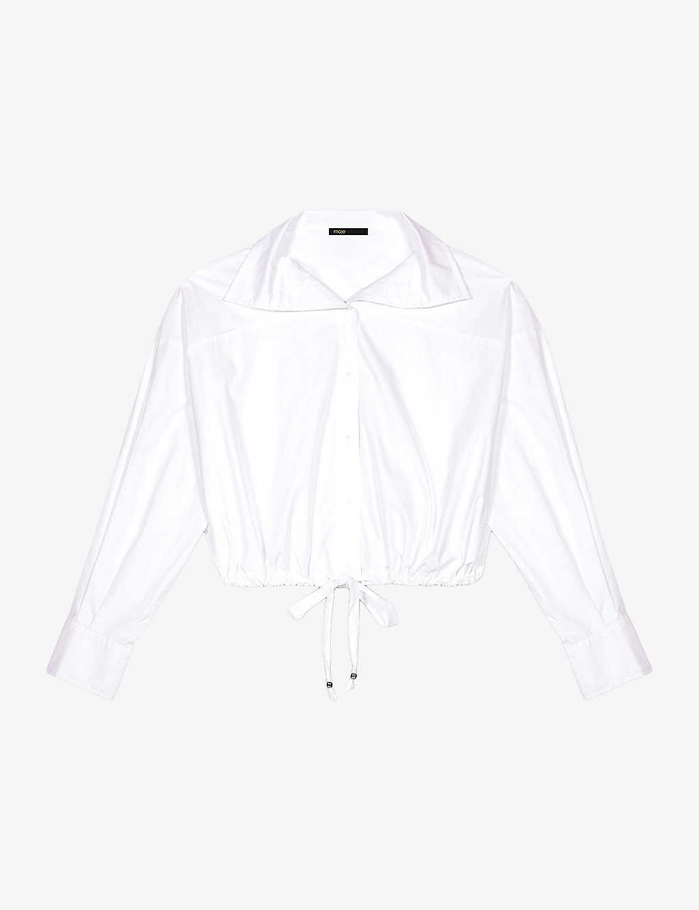 Maje Womens Blanc Cassidy Drawstring-waist Cropped Cotton Shirt