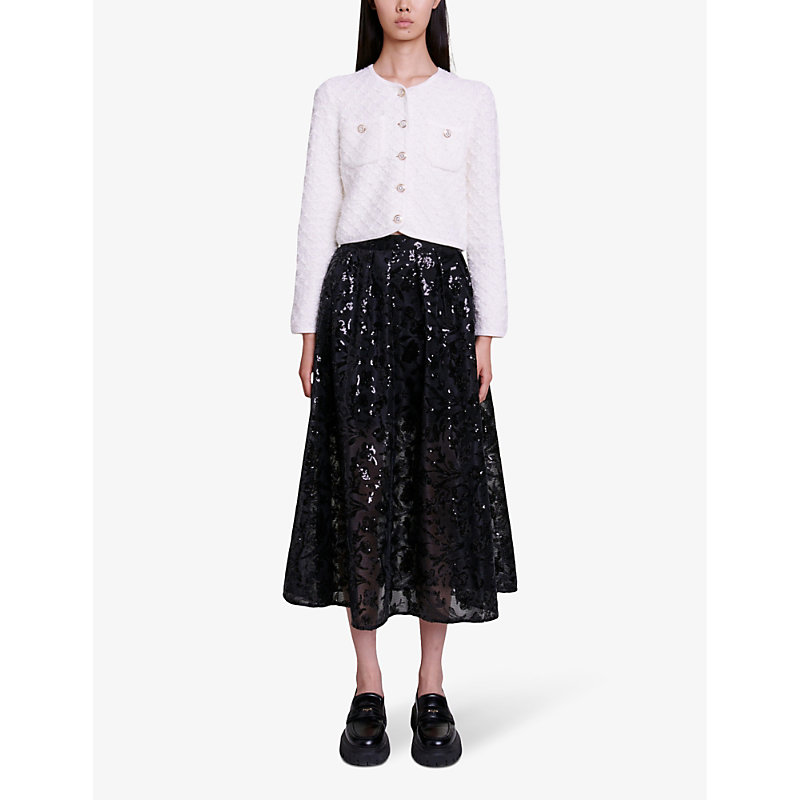 Shop Maje Womens Noir / Gris Jupon Sequinned Midi Skirt