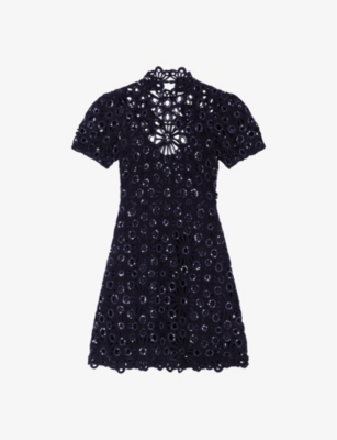 Shop Maje Women's Noir / Gris Sequin-embellished Crocheted Cotton Mini Dress