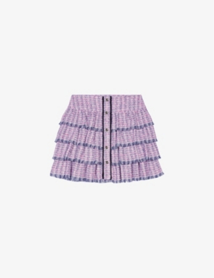 Shop Maje Women's Roses Ruffle-trim Tweed Cotton-blend Mini Skirt In Pink