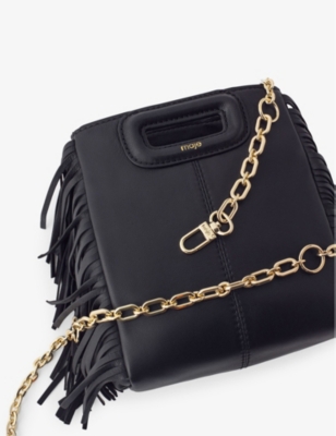 MAJE: M mini logo-embossed fringed-trim leather cross-body bag