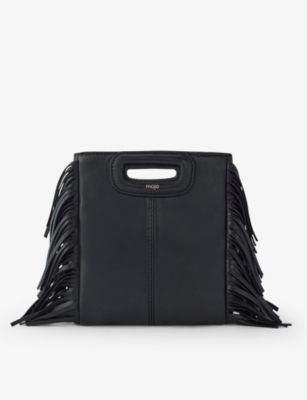 MAJE: M mini logo-embossed fringed-trim leather cross-body bag
