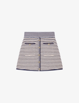 Shop Maje Women's Tricolore Button-embellished Stripe Stretch Cotton-blend Mini Skirt
