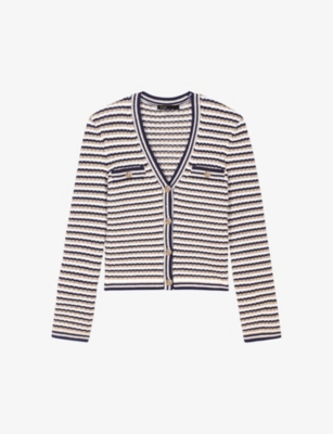 MAJE: V-neck textured-stripe stretch cotton-blend cardigan