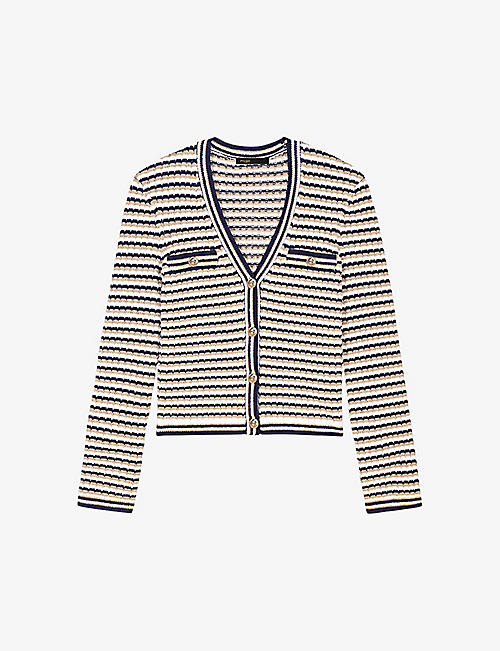 MAJE: V-neck textured-stripe stretch cotton-blend cardigan