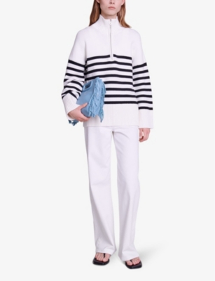Shop Maje Women's Blanc Zip-neck Striped Knitted Jumper