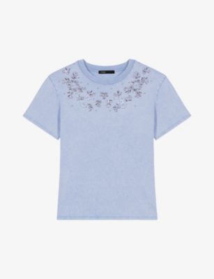 Maje Womens Bleus Gem-embroidered Short-sleeve Cotton T-shirt In Light Blue