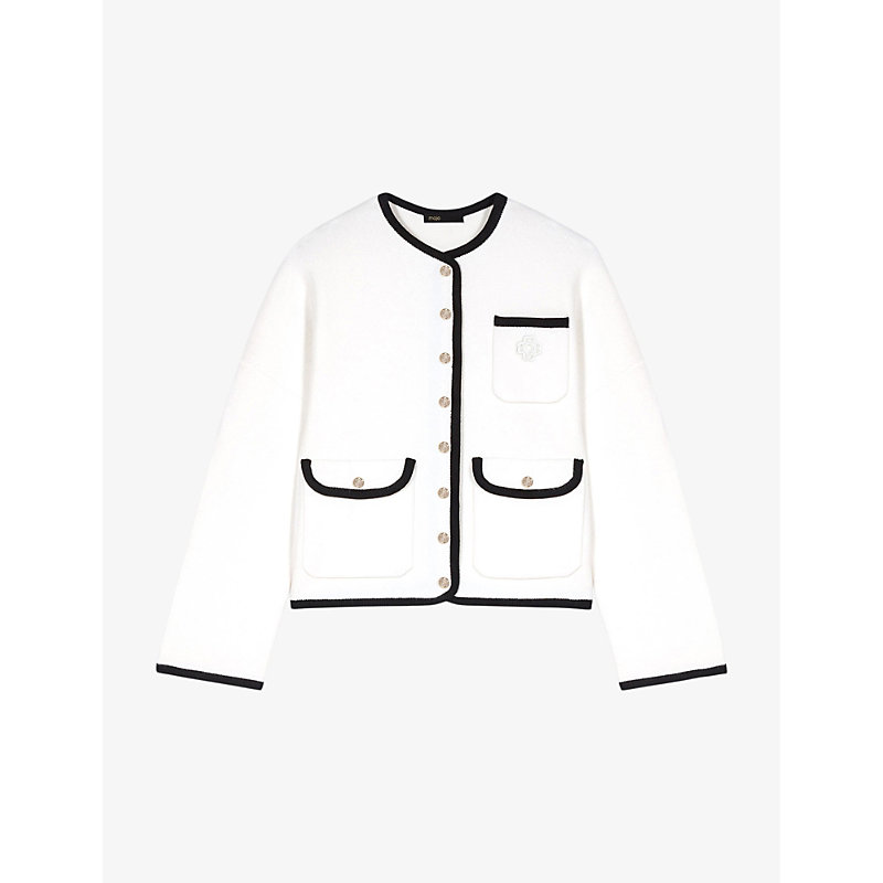Maje Womens Blanc Contrast-trim Pressed-stud Knitted Cardigan