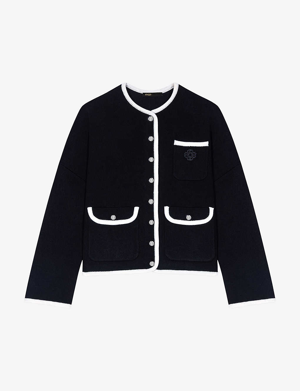 Shop Maje Women's Noir / Gris Contrast-trim Pressed-stud Knitted Cardigan